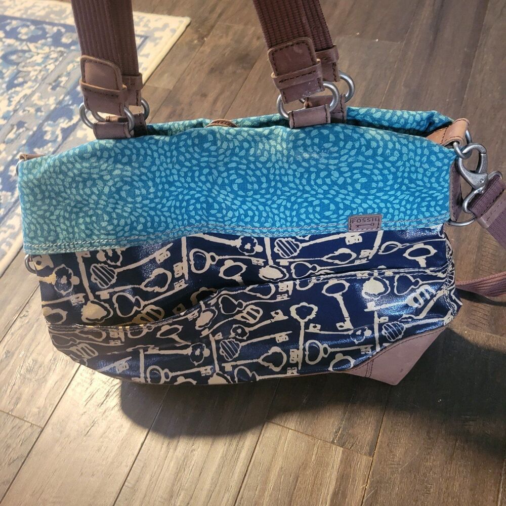 Fossil Key-Per Crossbody Tote Bag Navy Teal Vintage Key Print Coated Canvas - Picture 2 of 5